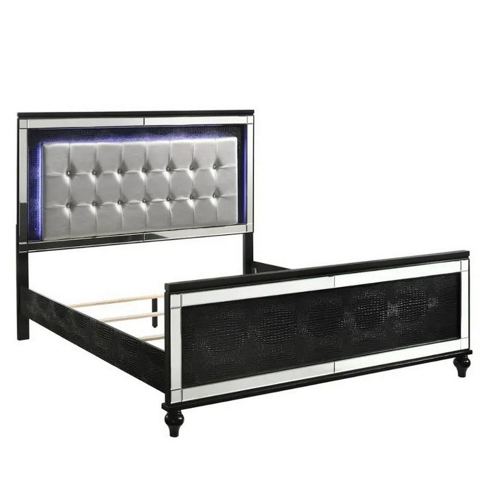 Lee Queen Size Bed, LED, Tufted Faux Leather Upholstery, Textured Black By Casagear Home