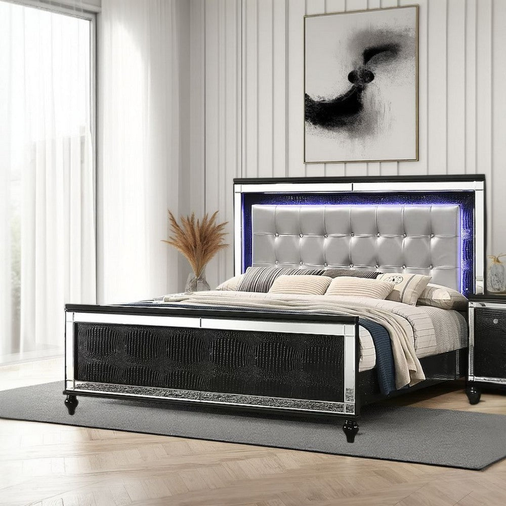 Lee Twin Size Bed, LED, Tufted Faux Leather Upholstery, Textured Black By Casagear Home