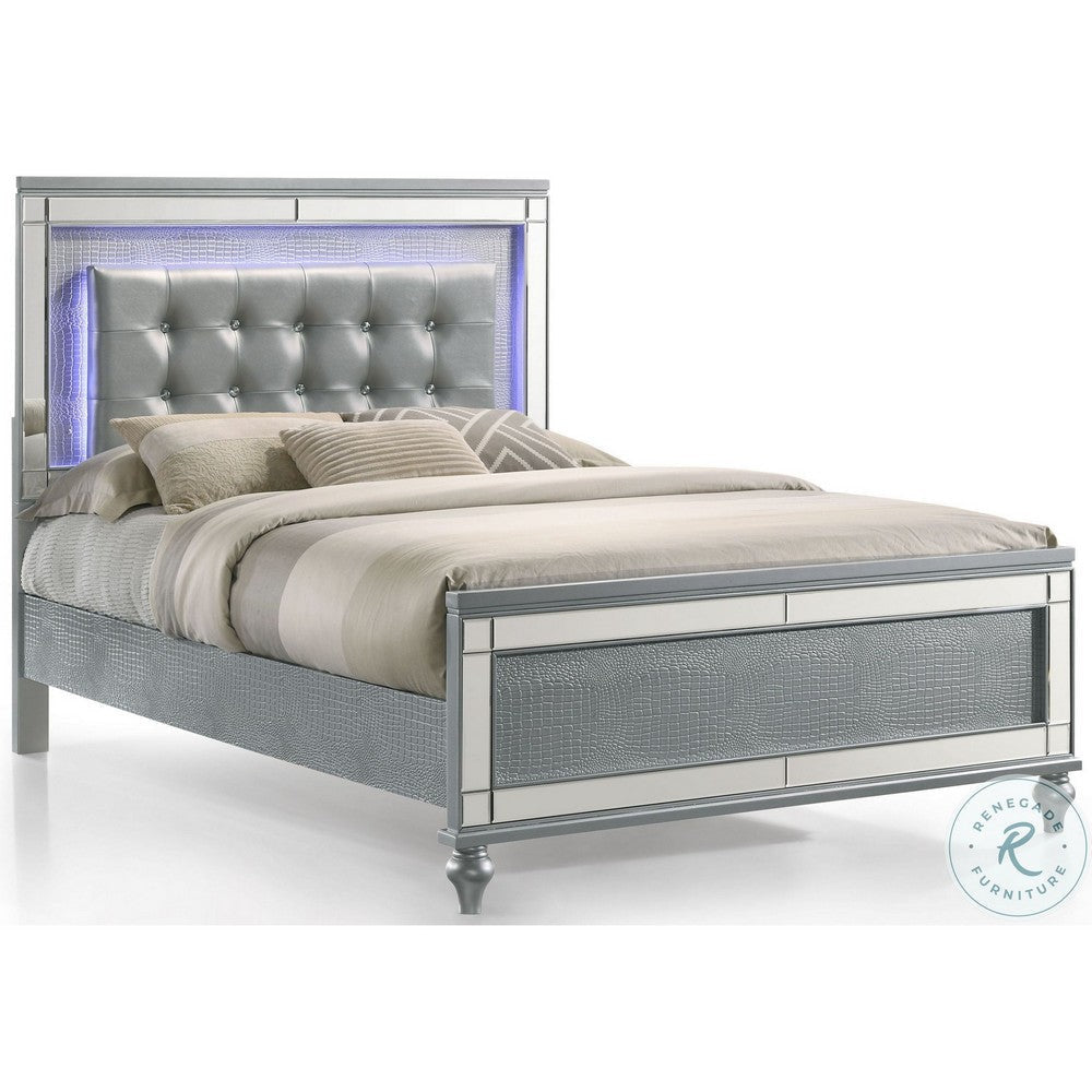 Lee Queen Size Bed, LED, Tufted Faux Leather Upholstery, Textured Silver By Casagear Home