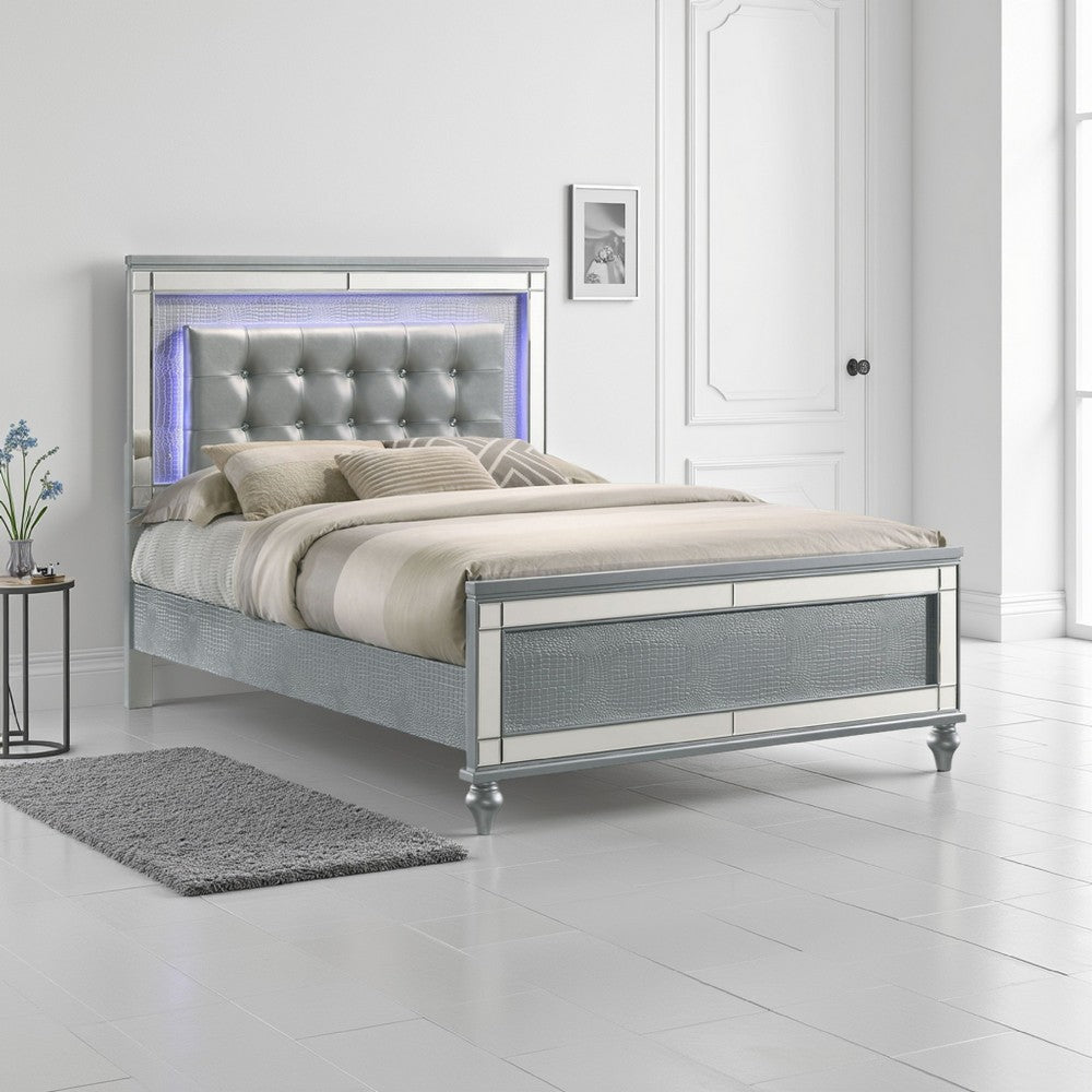 Lee Queen Size Bed, LED, Tufted Faux Leather Upholstery, Textured Silver By Casagear Home