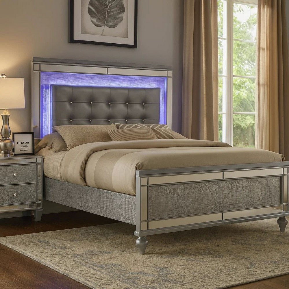 Lee Full Size Bed, LED, Tufted Faux Leather Upholstery, Textured Silver By Casagear Home