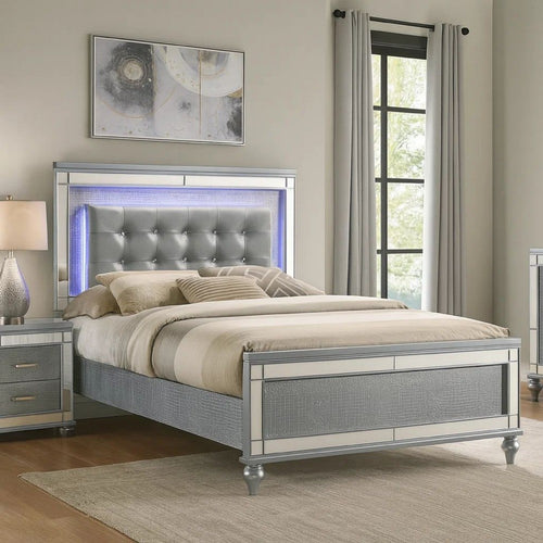 Lee Full Size Bed, LED, Tufted Faux Leather Upholstery, Textured Silver By Casagear Home