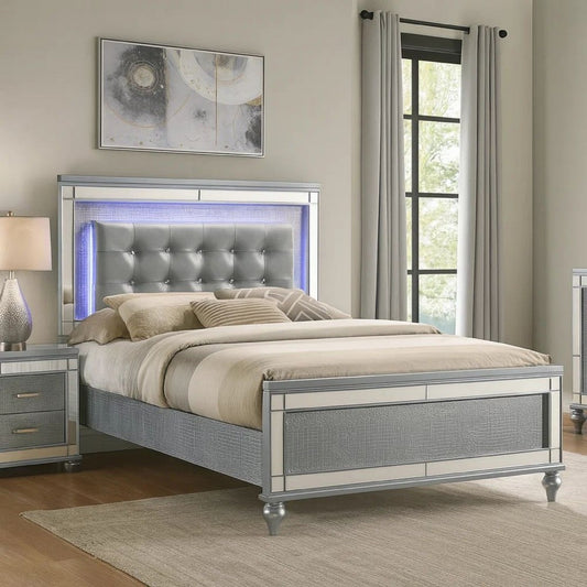 Lee Full Size Bed, LED, Tufted Faux Leather Upholstery, Textured Silver By Casagear Home