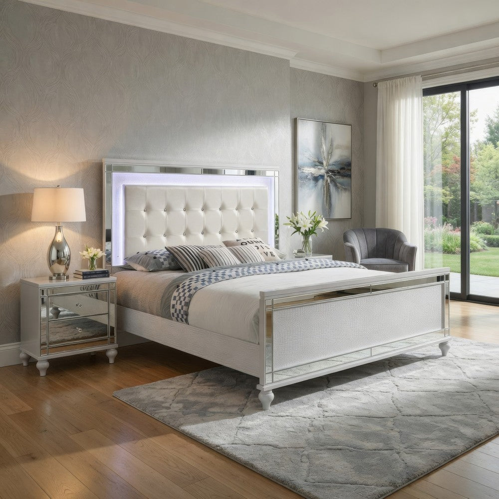 Lee King Size Bed, LED, Tufted Faux Leather Upholstery, Textured White By Casagear Home