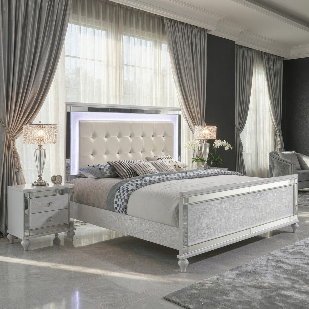 Lee King Size Bed, LED, Tufted Faux Leather Upholstery, Textured White By Casagear Home