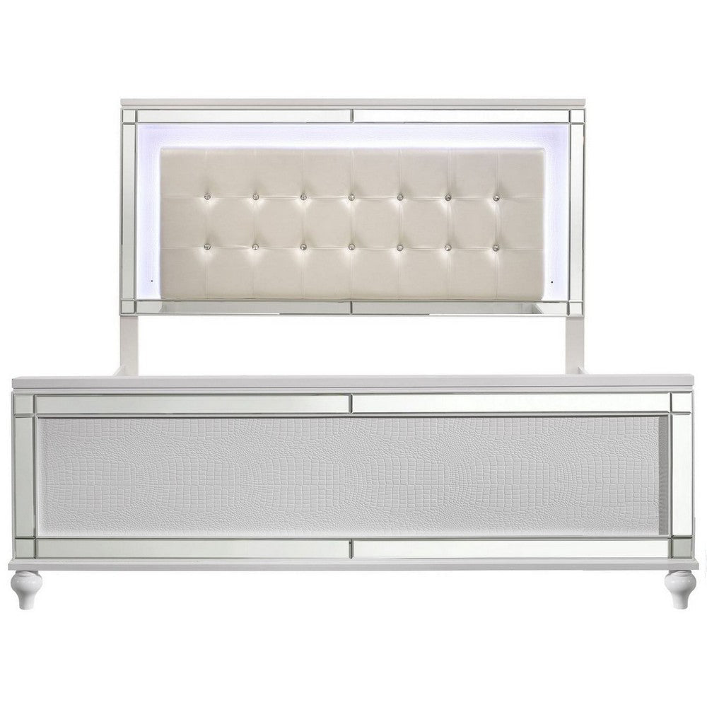 Lee Queen Size Bed LED Tufted Faux Leather Upholstery Textured White By Casagear Home BM308814