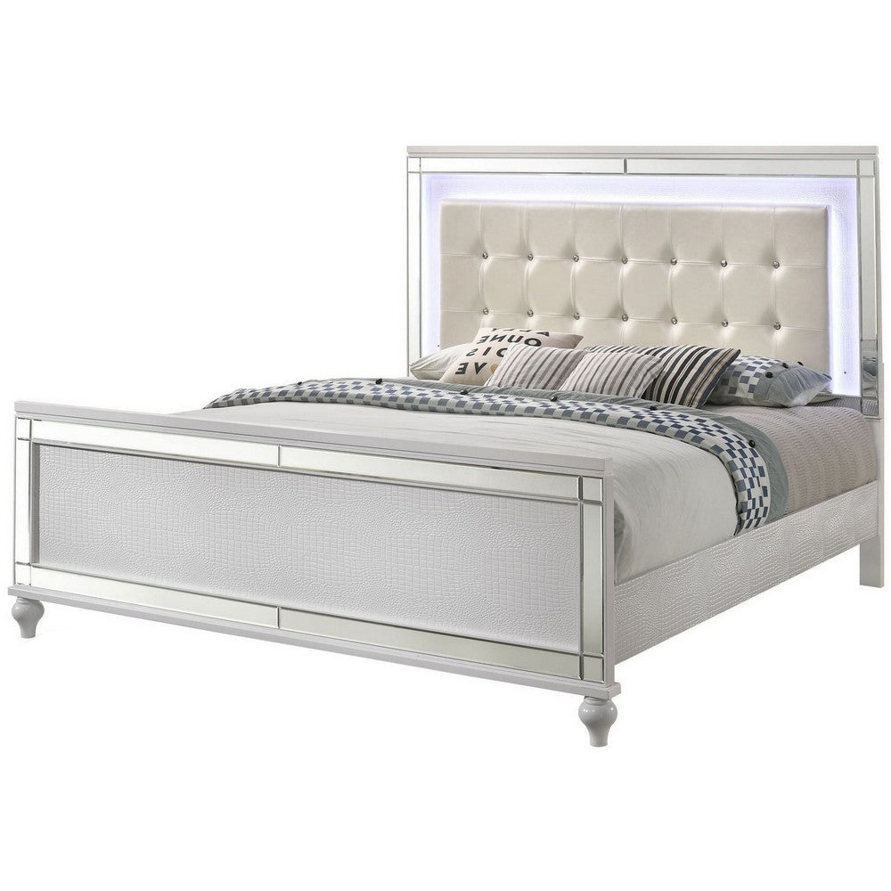 Lee Full Size Bed, LED, Tufted Faux Leather Upholstery, Textured White By Casagear Home