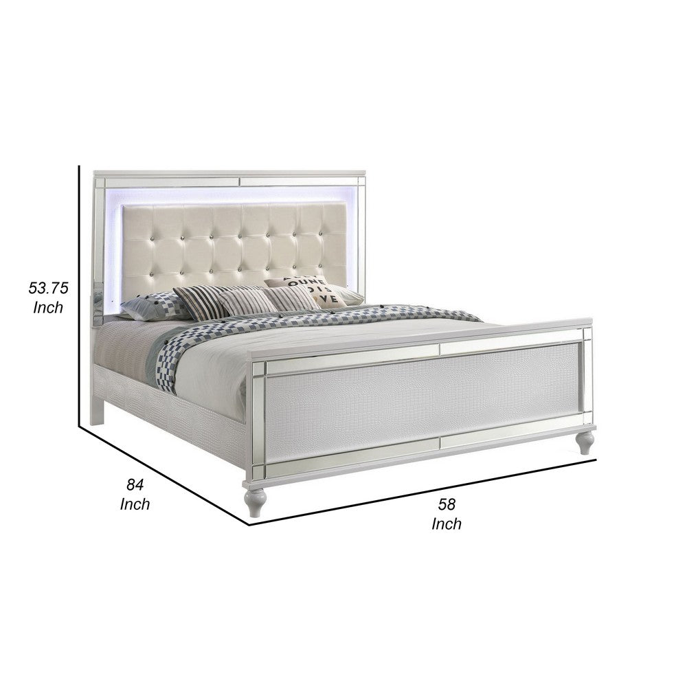Lee Full Size Bed, LED, Tufted Faux Leather Upholstery, Textured White By Casagear Home