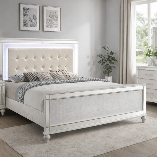 Lee Full Size Bed, LED, Tufted Faux Leather Upholstery, Textured White By Casagear Home