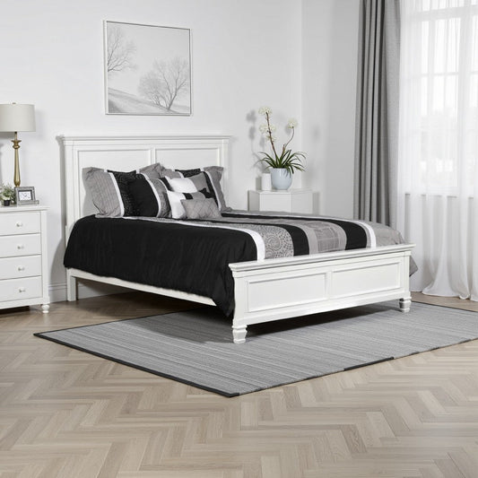 Umi Queen Size Bed, Classic Panel Design with Molded Details, White Wood By Casagear Home