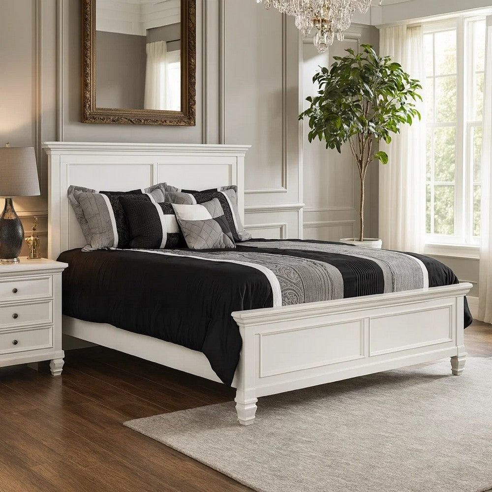 Umi Full Size Bed, Classic Panel Design with Molded Details, White Wood By Casagear Home