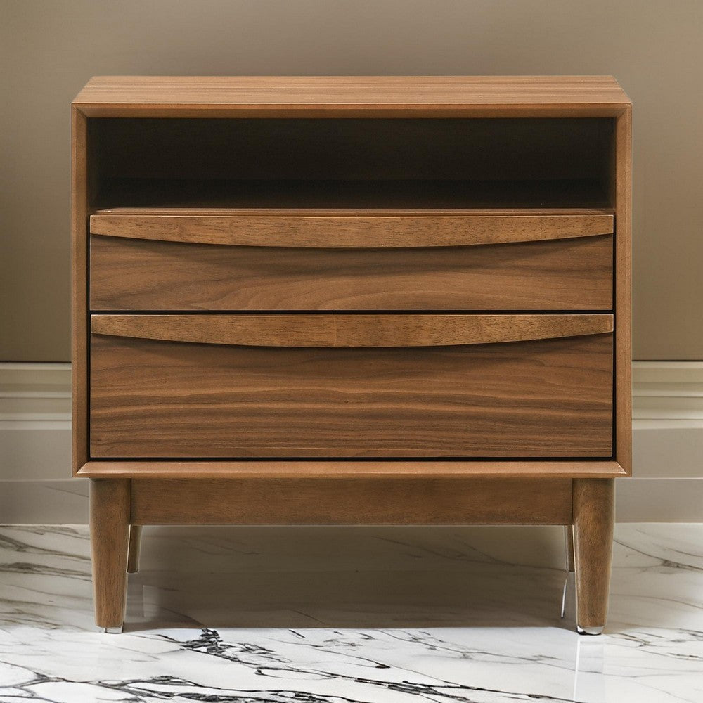 Mian 23 Inch Nightstand, 2 Drawer, Linear Undercut Handles, Wood, Walnut  By Casagear Home