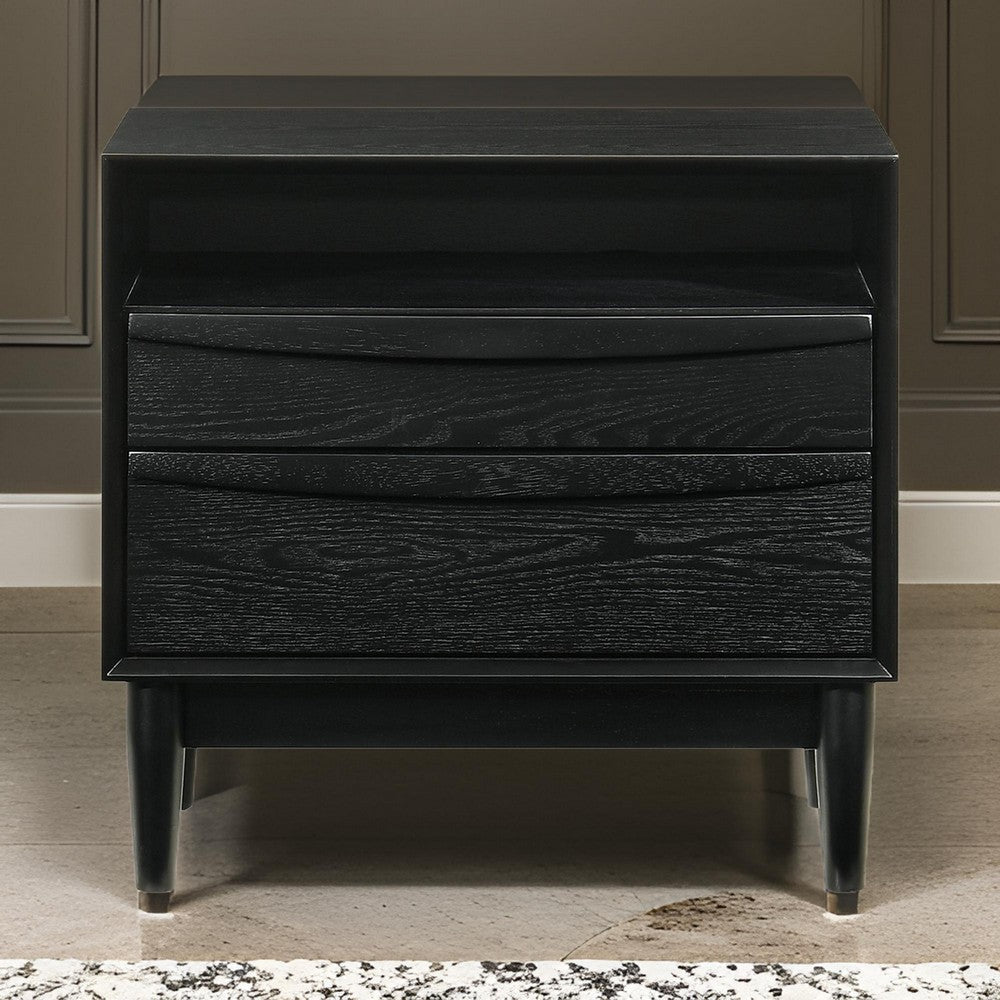 Mian 23 Inch Nightstand, 2 Drawer, Linear Undercut Handles, Wood, Black By Casagear Home