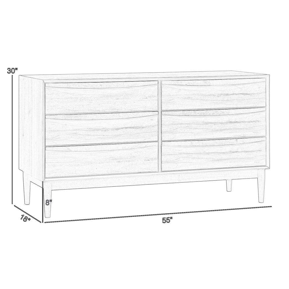 Mian 55 Inch Wide Dresser, 6 Drawer, Linear Undercut Handle, Walnut By Casagear Home