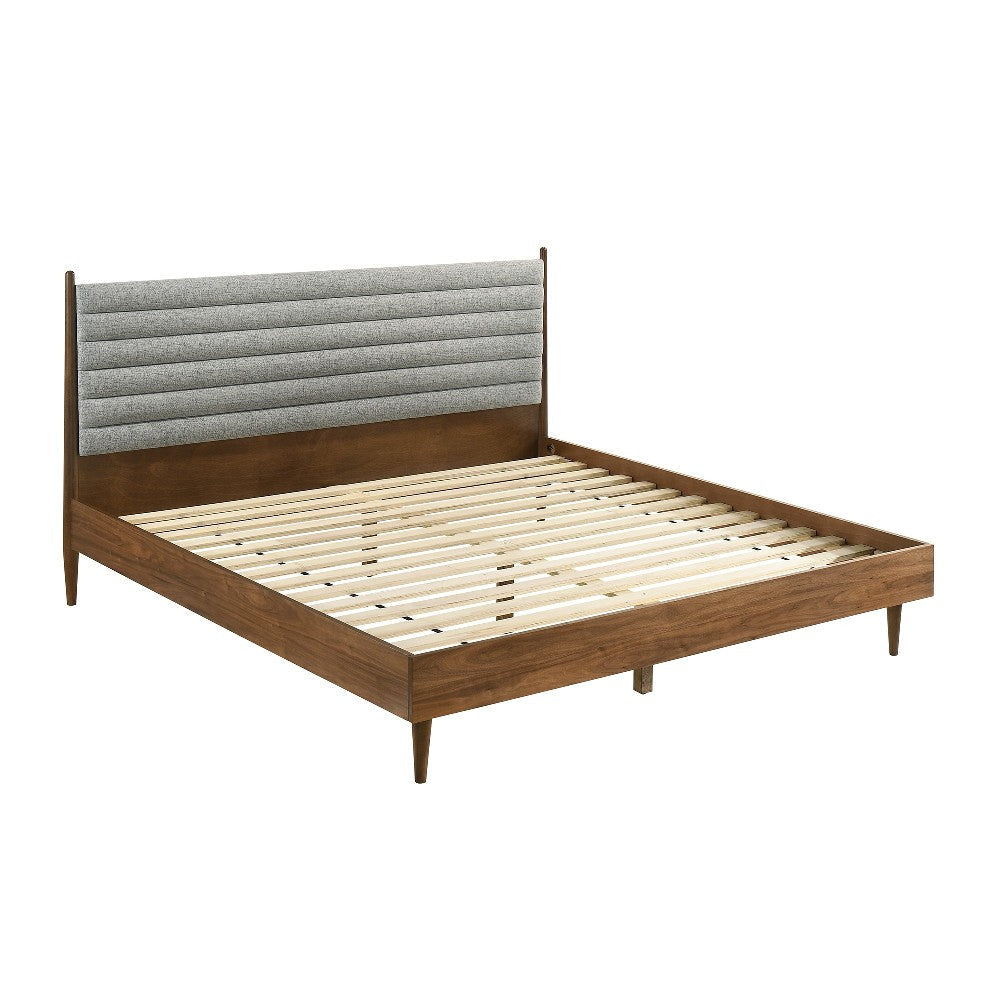 Mian King Platform Bed Frame Channel Tufted Walnut Gray Upholstery By Casagear Home