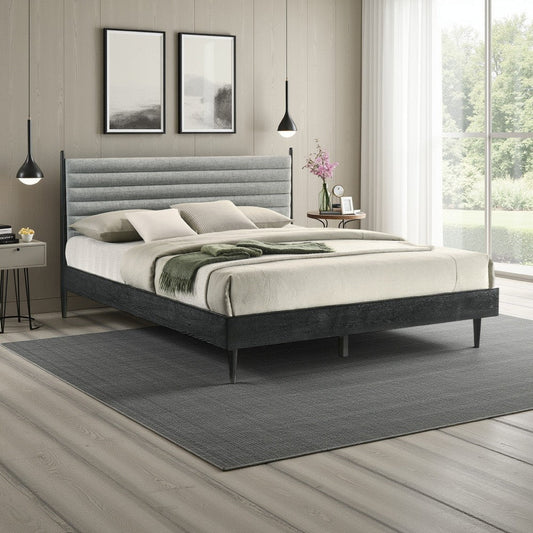 Mian King Platform Bed Frame, Channel Tufted, Black, Gray Upholstery By Casagear Home