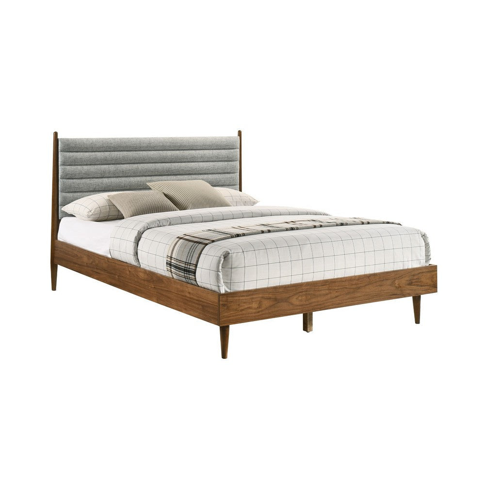 Mian Queen Platform Bed Frame, Channel Tufted, Walnut, Gray Upholstery By Casagear Home