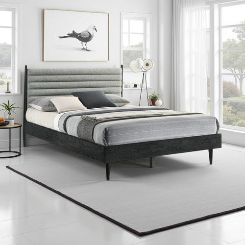 Mian Queen Platform Bed Frame, Channel Tufted, Black, Gray Upholstery By Casagear Home