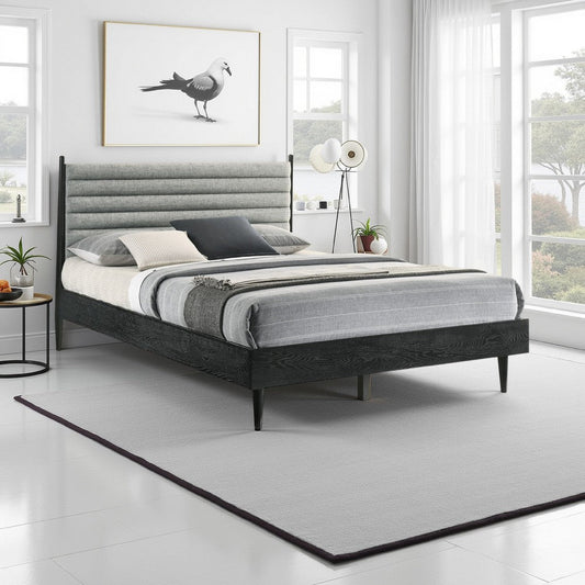 Mian Queen Platform Bed Frame, Channel Tufted, Black, Gray Upholstery By Casagear Home