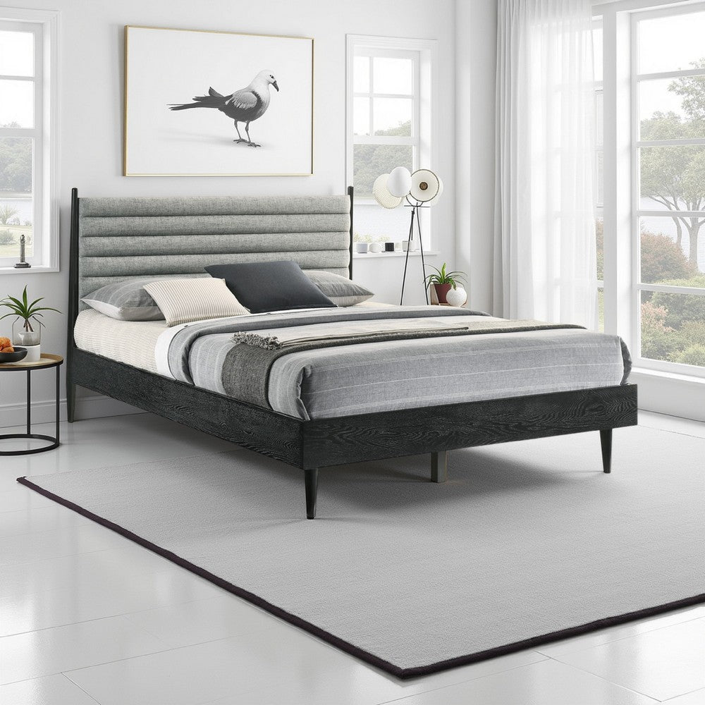 Mian Queen Platform Bed Frame, Channel Tufted, Black, Gray Upholstery By Casagear Home