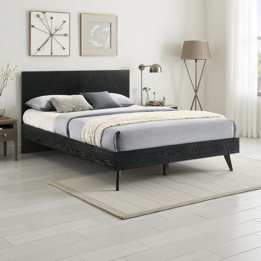 Saly Queen Platform Bed Frame, Tapered Legs, Diagonal Grain Finish, Black By Casagear Home