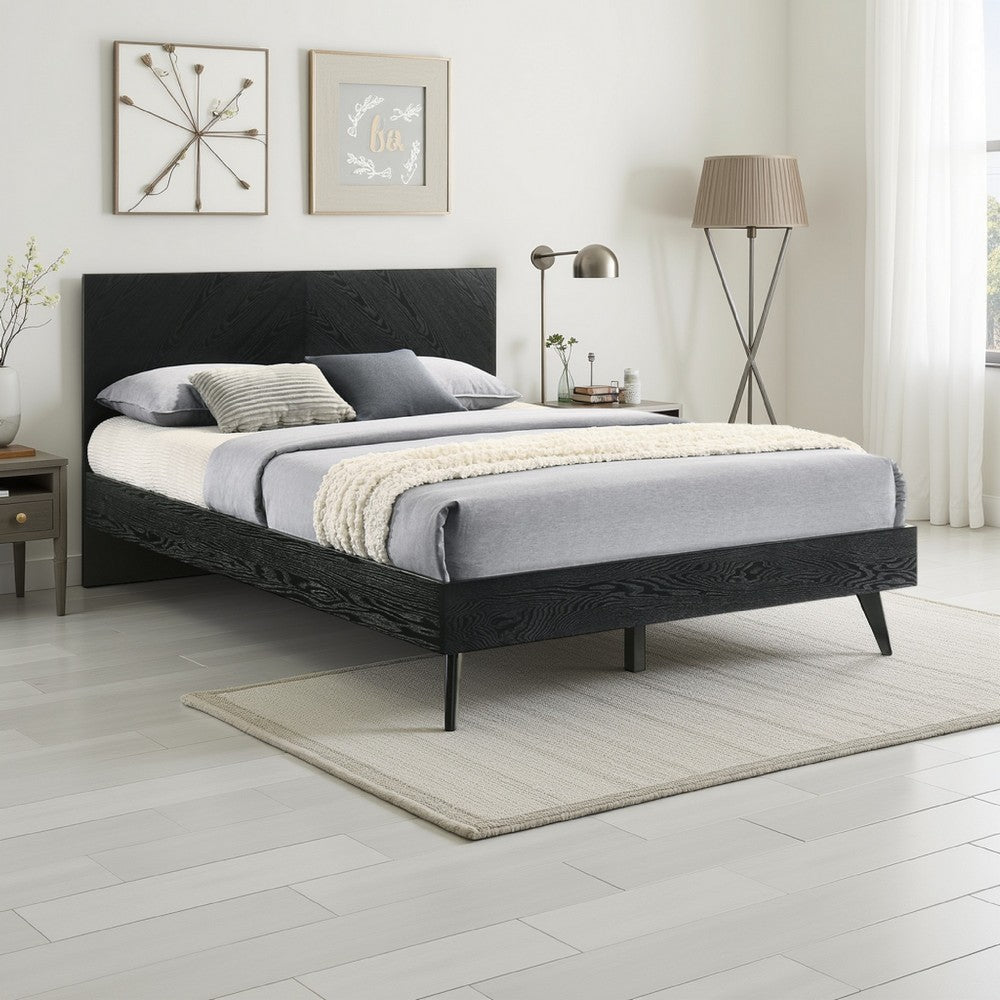 Saly Queen Platform Bed Frame, Tapered Legs, Diagonal Grain Finish, Black By Casagear Home