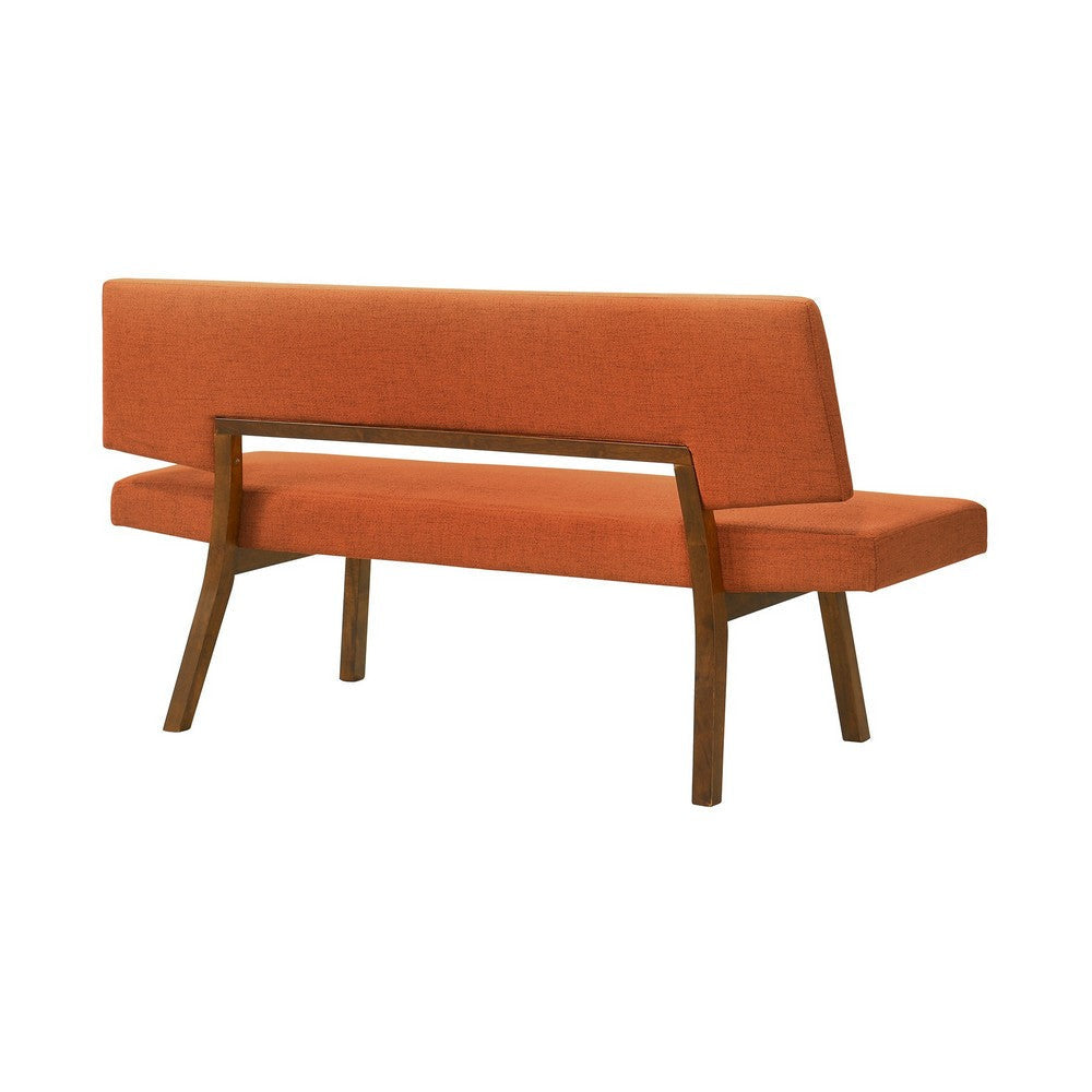 Yumi 63 Inch Dining Bench Seat and Back with Orange Fabric Walnut By Casagear Home BM308862