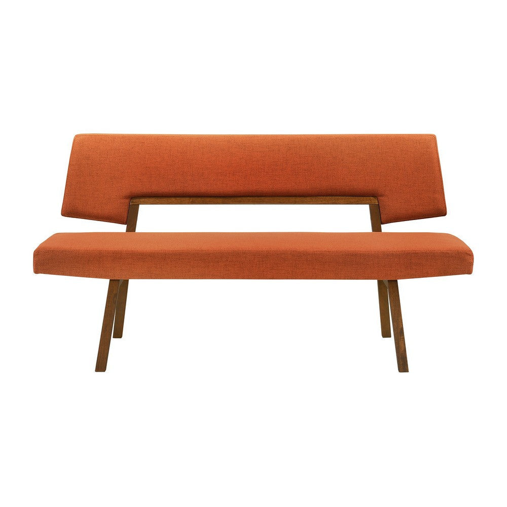 Yumi 63 Inch Dining Bench, Seat and Back with Orange Fabric, Walnut  By Casagear Home