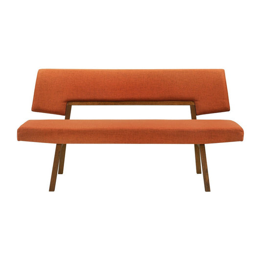 Yumi 63 Inch Dining Bench, Seat and Back with Orange Fabric, Walnut  By Casagear Home