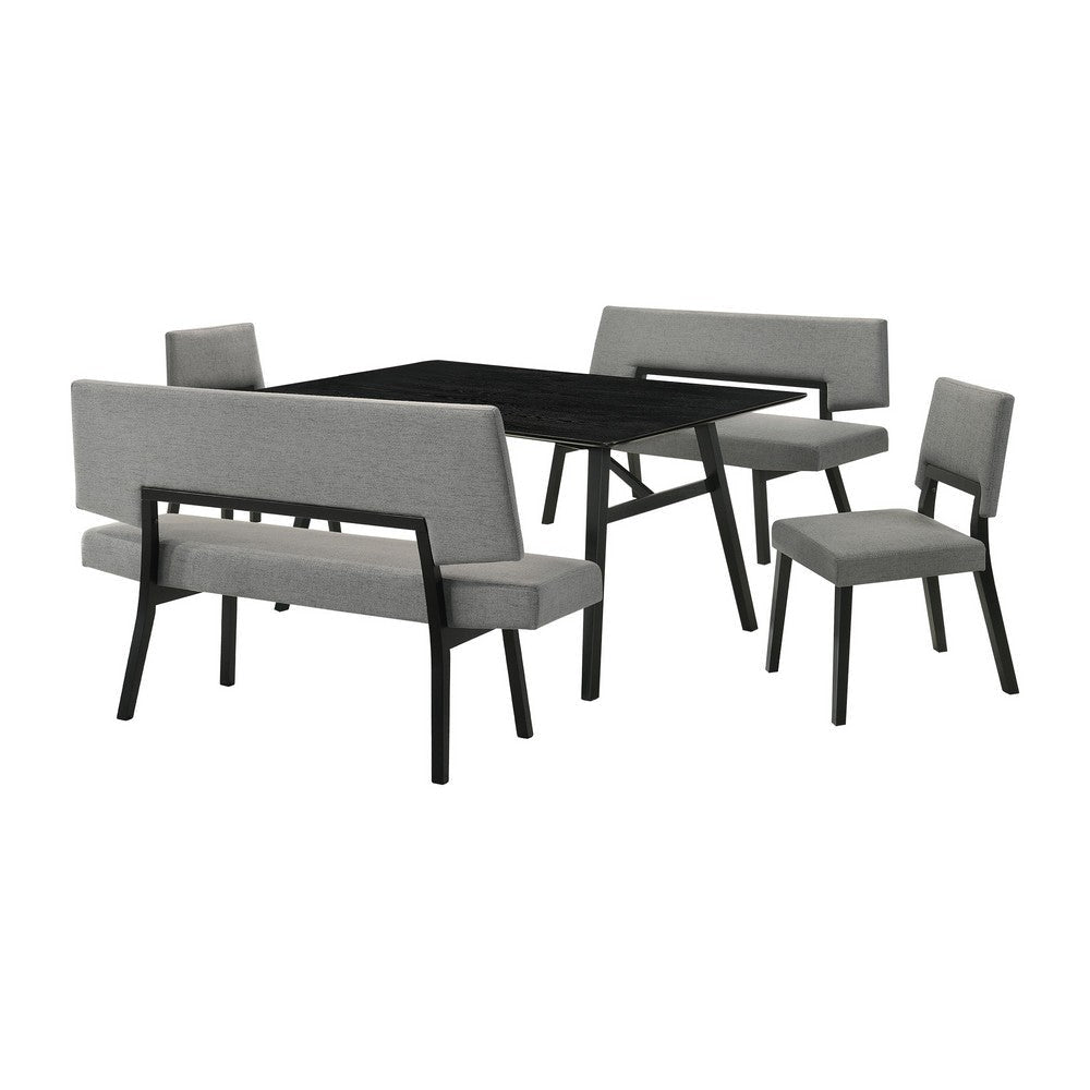 Yumi 5 Piece Dining Table Set, Chairs, Bench, Charcoal Fabric, Black By Casagear Home