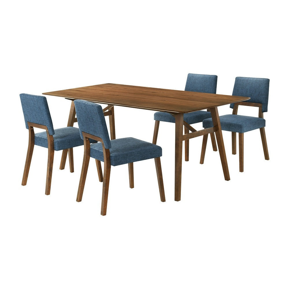 Yumi 5 Piece Dining Table Set with 4 Chairs in Soft Blue Fabric, Wood Brown By Casagear Home