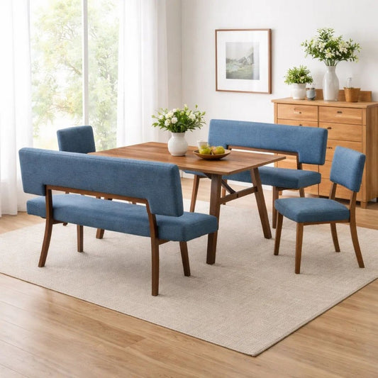 Yumi 5 Piece Dining Table Set, Chairs and Benches, Blue Fabric, Wood Brown By Casagear Home