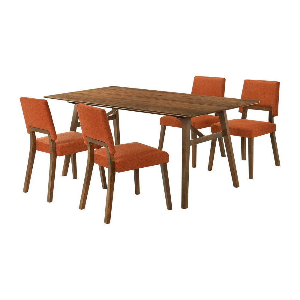 Yumi 5 Piece Dining Table Set with 4 Chairs, Orange Fabric, Wood Brown By Casagear Home