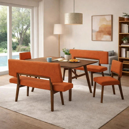 Yumi 5 Piece Dining Table Set, Chairs, Benches, Orange Fabric, Wood Brown By Casagear Home
