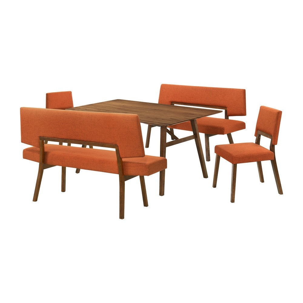 Yumi 5 Piece Dining Table Set, Chairs, Benches, Orange Fabric, Wood Brown By Casagear Home