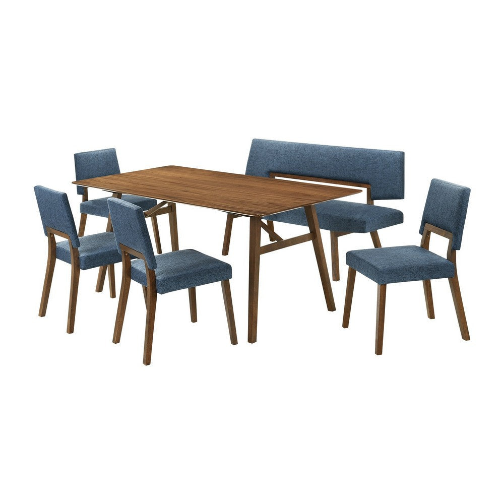 Yumi 6 Piece Dining Table Set, Chairs, Bench, Blue Fabric, Wood Brown By Casagear Home