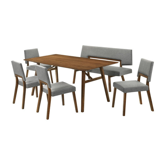 Yumi 6 Piece Dining Table Set, Chairs, Bench, Gray Fabric, Wood Brown By Casagear Home