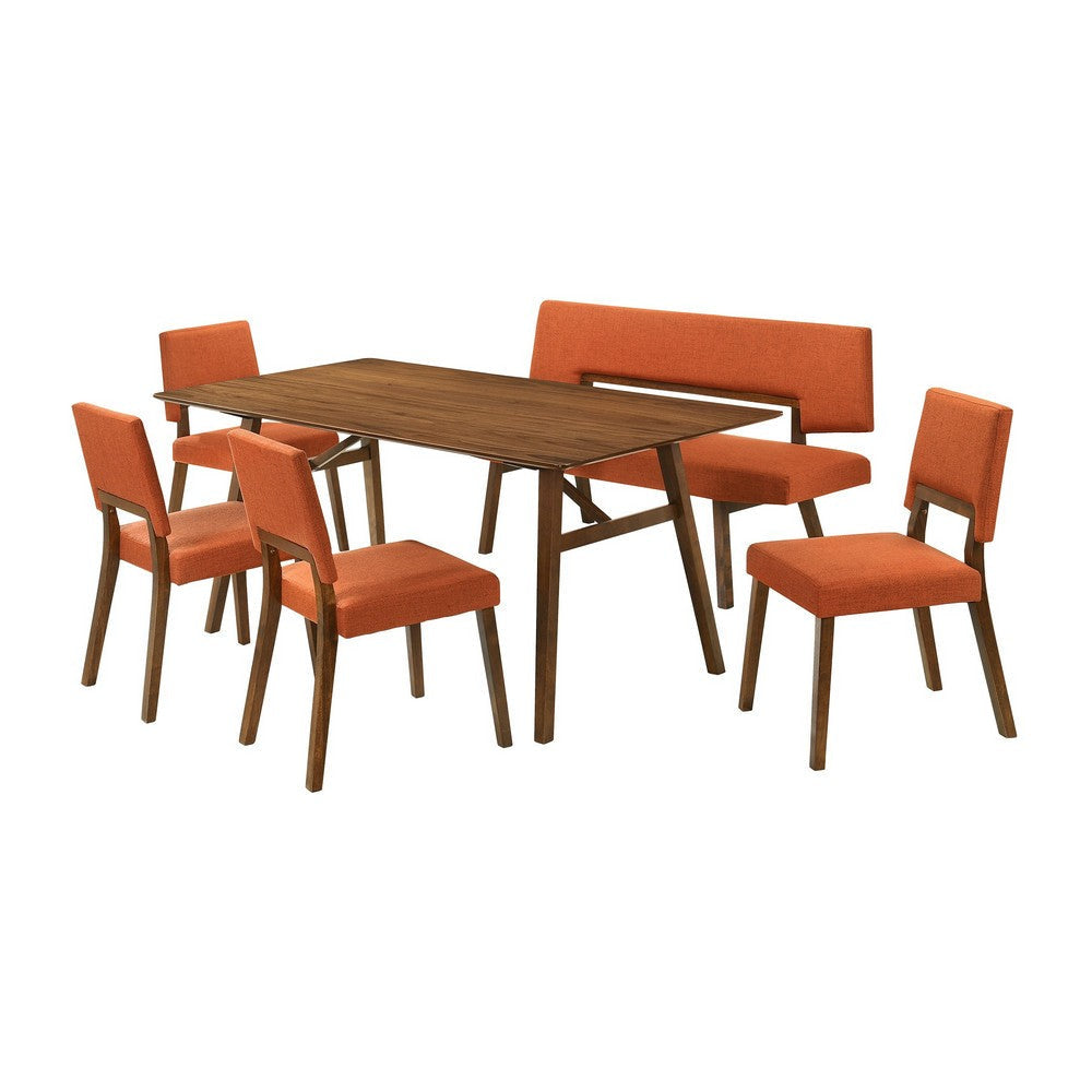 Yumi 6 Piece Dining Table Set, Chairs, Bench, Orange Fabric, Wood Brown By Casagear Home