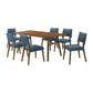 Yumi 7 Piece Dining Table Set with 6 Chairs, Blue Fabric, Wood Brown By Casagear Home