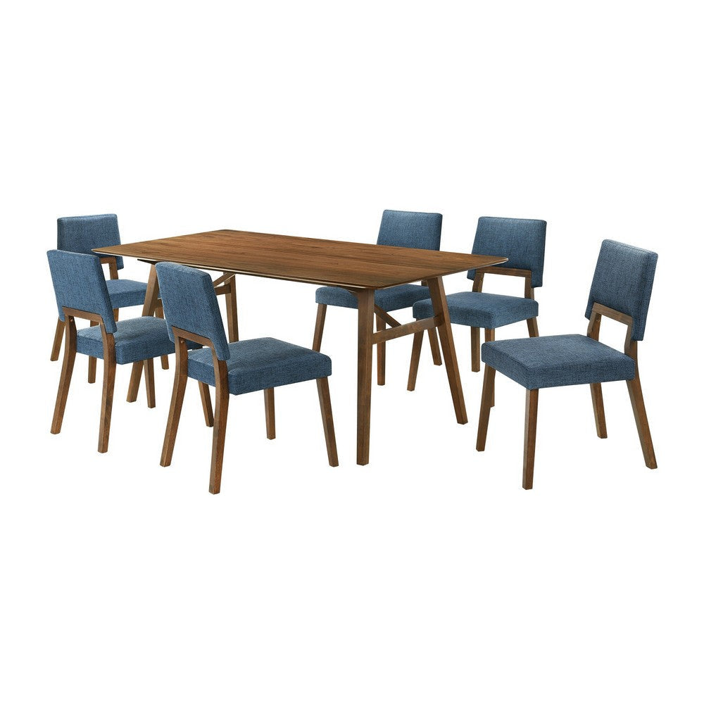 Yumi 7 Piece Dining Table Set with 6 Chairs, Blue Fabric, Wood Brown By Casagear Home