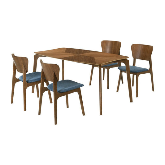 Kalie 5 Piece Dining Table Set with 4 Chairs, Blue Fabric, Walnut Brown By Casagear Home