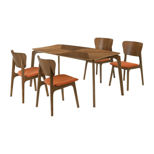 Kalie 5 Piece Dining Table Set with 4 Chairs, Orange Fabric, Walnut Brown By Casagear Home