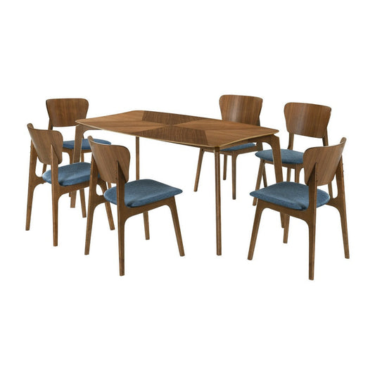 Kalie 7 Piece Dining Table Set with 6 Chairs, Blue Fabric, Walnut Brown By Casagear Home