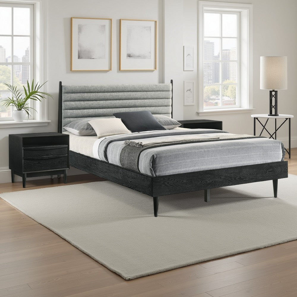 Mian Bedroom 3 pcs Set, Queen Platform Bed and Nightstand, Black, Gray By Casagear Home