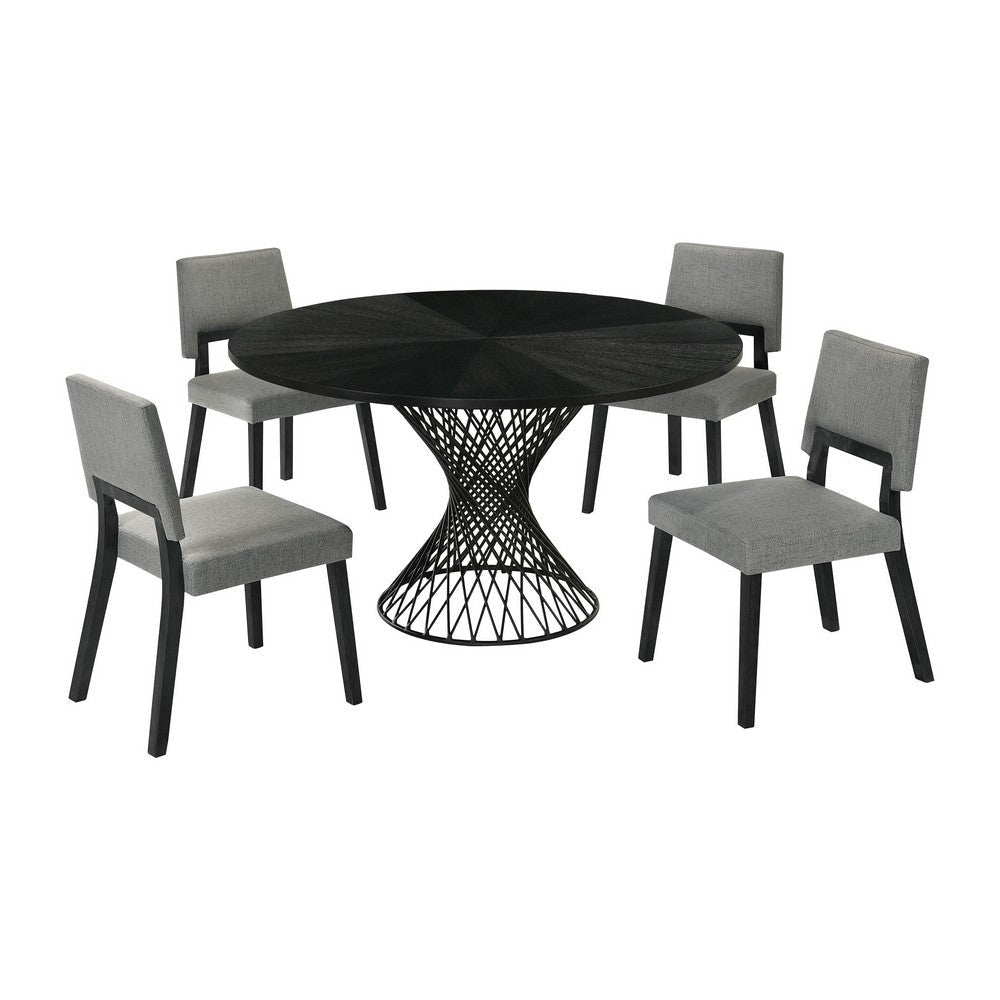 Dining Set of 5 with Round Table and 4 Chairs, Charcoal Fabric, Black By Casagear Home