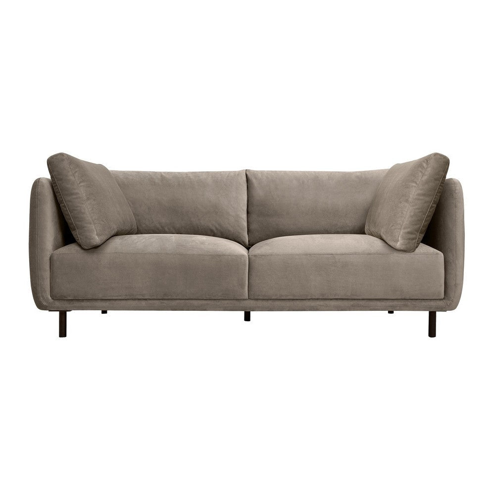 Ayi 79 Inch Sofa, 2 Throw Pillows, Cushioned, Fossil Gray Velvet Upholstery By Casagear Home