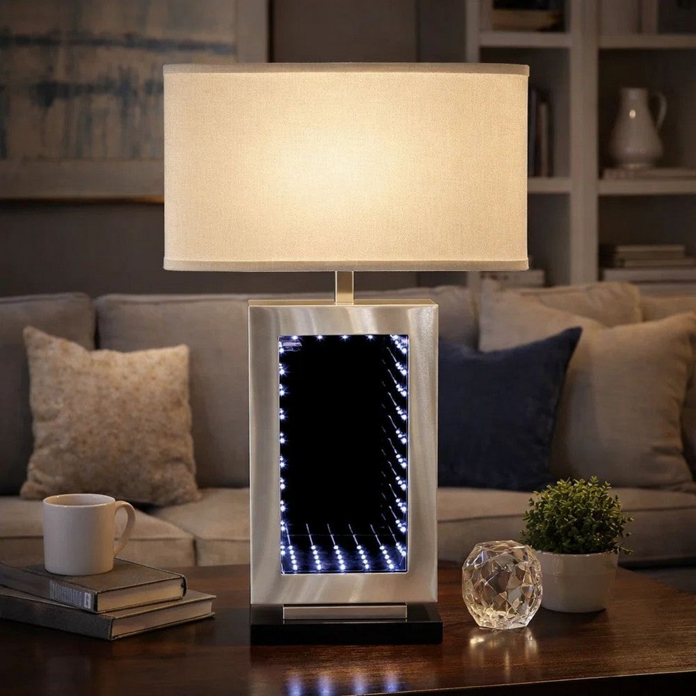 Ziva 27 Inch Table Lamp, LED Night Light, Rectangular Shade, Matte Silver By Casagear Home