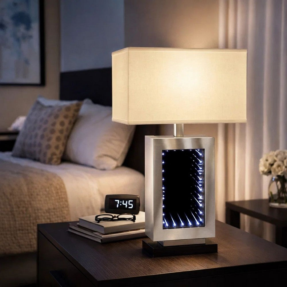 Ziva 27 Inch Table Lamp, LED Night Light, Rectangular Shade, Matte Silver By Casagear Home