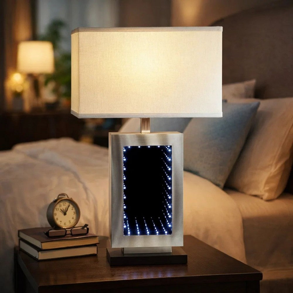 Ziva 27 Inch Table Lamp, LED Night Light, Rectangular Shade, Matte Silver By Casagear Home