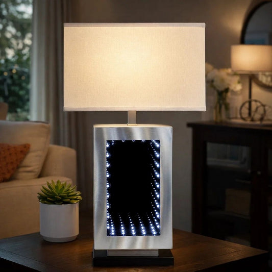 Ziva 27 Inch Table Lamp, LED Night Light, Rectangular Shade, Matte Silver By Casagear Home